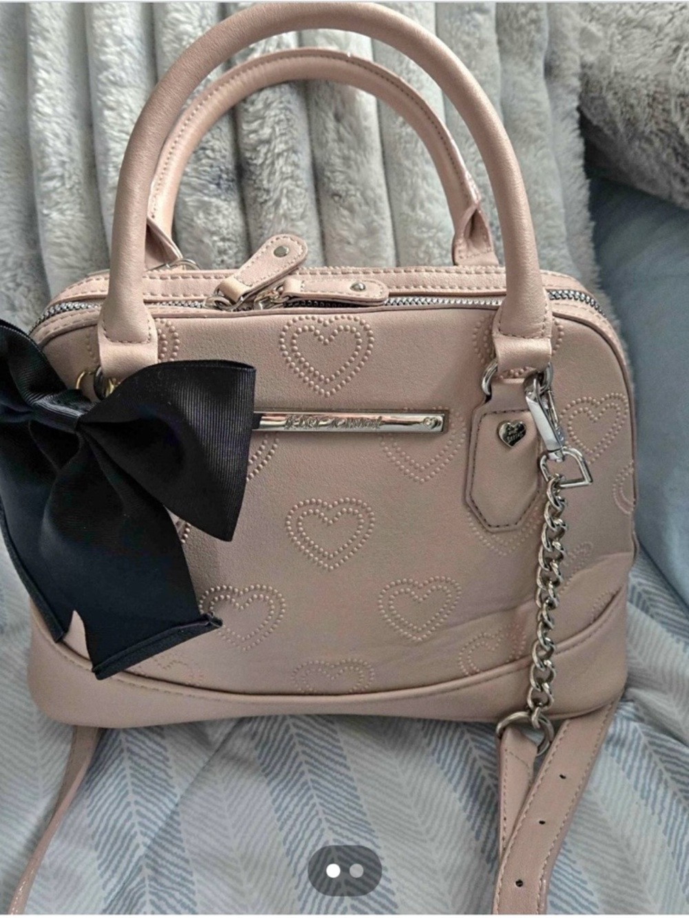 Betsey Johnson Blush Pink Heart-Embossed Crossbody with Black Bow